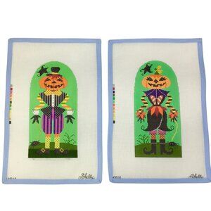 Shelly Tribbey Set of 2 Hand Painted Needlepoint Canvas Mr. & Mrs. Pumpkinhead